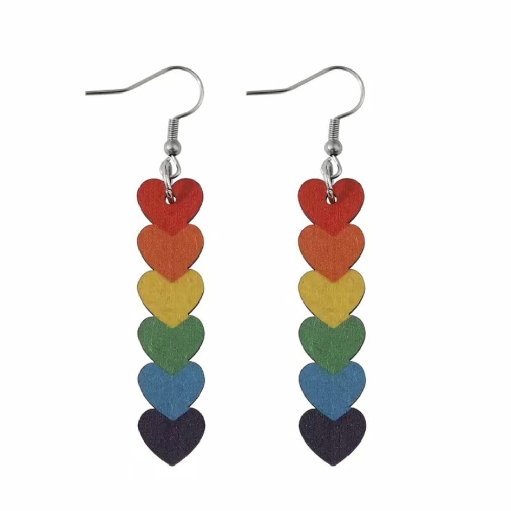 Wooden Rainbow Hearts Earrings